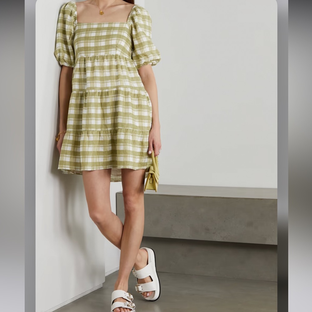 FAITHFULL THE BRAND Leilani shirred checked linen mini dress Sage Green Size XS